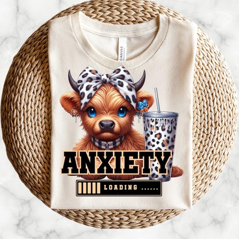Cute Highland Cow, Anxiety Loading, Leopard Bow Cow, Cow With Ice Coffee, Shirt, Highland Cow t-shirt design, Funny T...