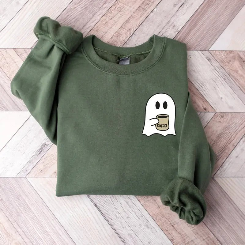 Cute Spooky Coffee Sweatshirt, Womens Ghost Sweatshirt, Spooky Season, Fall Coffee Lover Sweatshirt, Halloween Party...