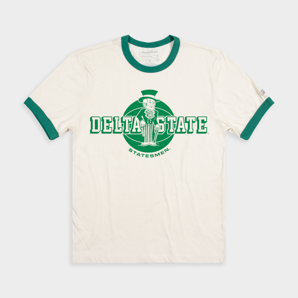 Retro Delta State Statesmen Basketball Ringer Tee Hoodie, Sweatshirt | PureTeeCo.com (Image 1)