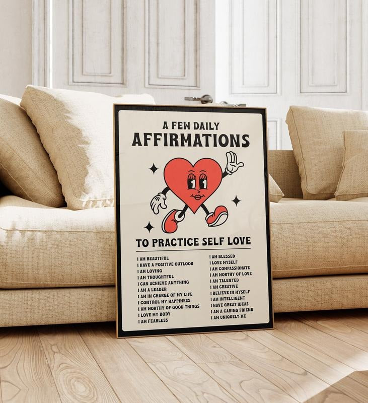 Daily Affirmations Print, Self Love Print, Self Care Wall Print, Positivity Print, Trendy Y2k Illustration, Dorm Room...