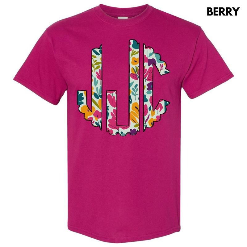 Dark Floral Monogram Gildan Short Sleeve T-Shirt 'NLB' Hoodie, Sweatshirt | PureTeeCo.com