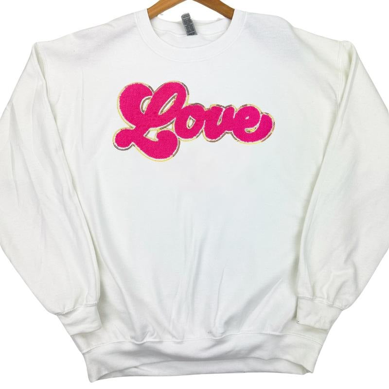 Dark Pink Chenille Love Patch Sweatshirt on White T-Shirts, Hoodie | PureTeeCo.com