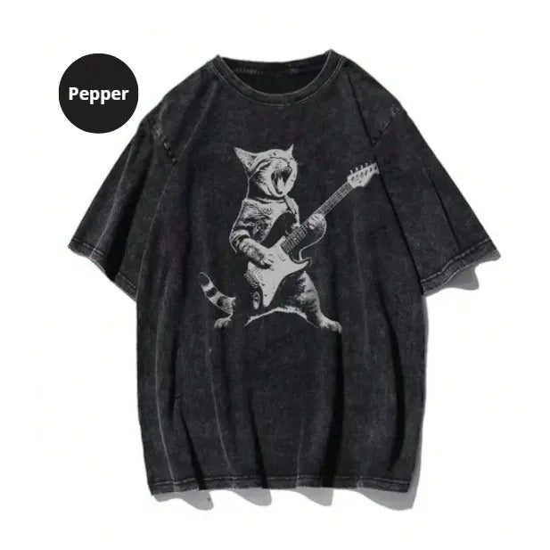 Dauomo Men's Summer Casual Drop Shoulder T-Shirt With Graphics, Vintage Funny Guitar Cat T-Shirt, Hoodie, Sweatshirt...
