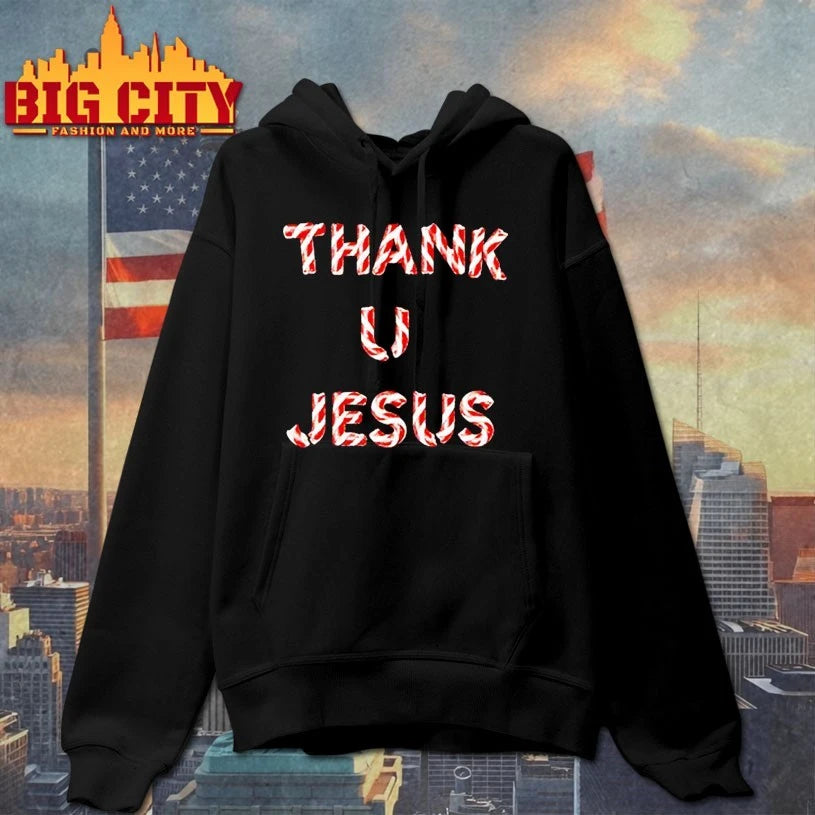 Daydrian Harding wearing Thank U Jesus Holiday shirt