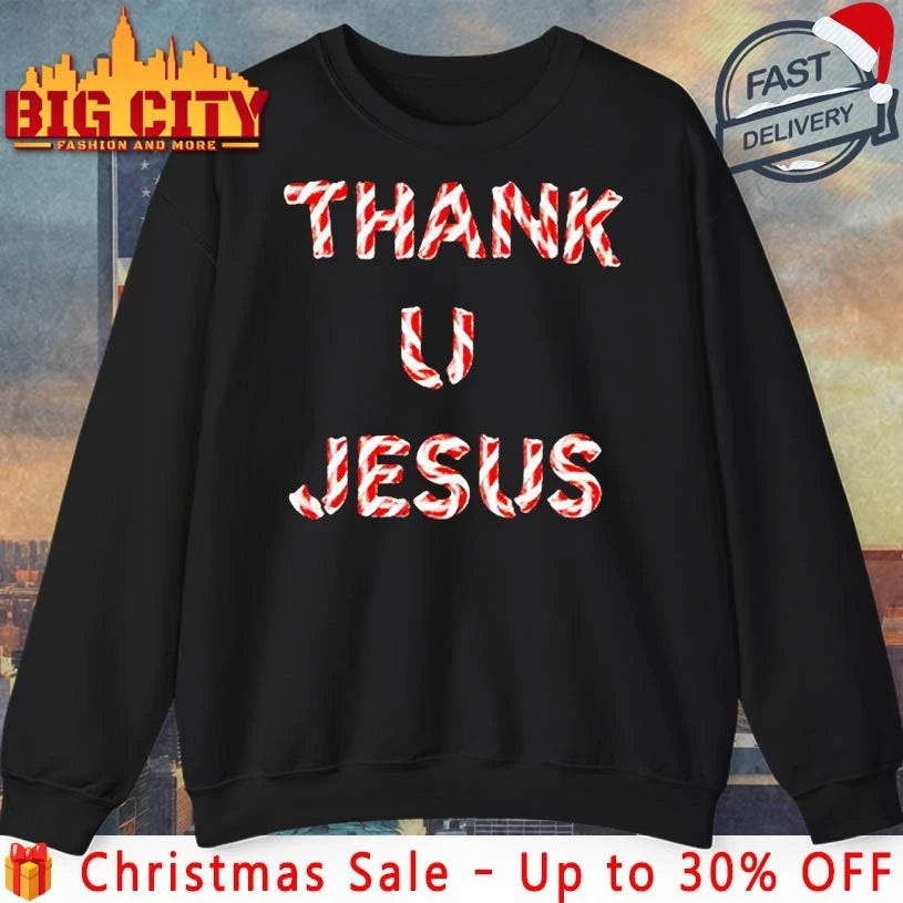 Daydrian Harding wearing Thank U Jesus Holiday shirt