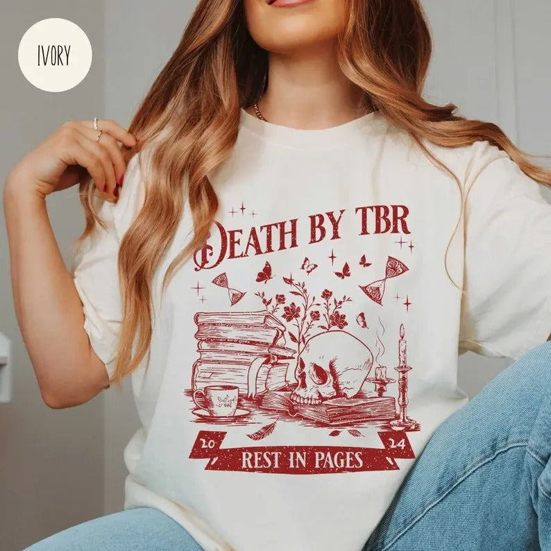 Death by TBR Comfort Color Shirt for Book Lover Vintage Reading Shirt for Bibliophiles Oversized Bookish Merch Bookworm...
