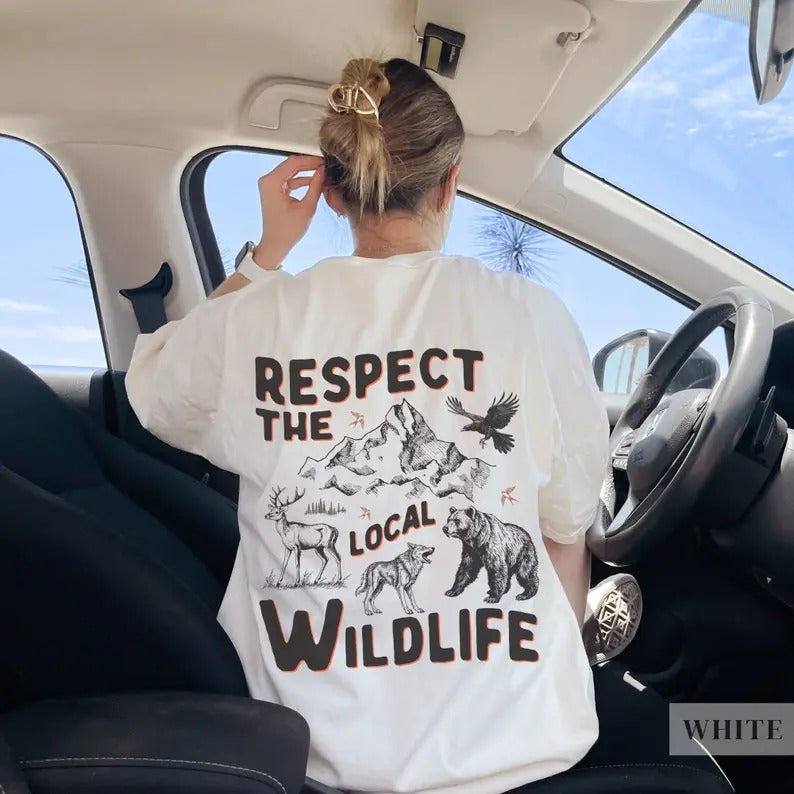 Respect The Local Wildlif T-Shirt, Gift For Nature/Animal/Forest/Hiking/Camping Lover, Rustic Retro Mountain/Bear/Wolf/Deer Graphic Tee