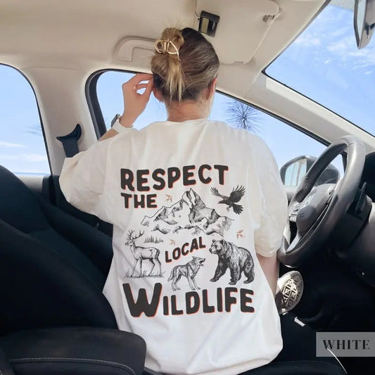 Respect The Local Wildlif T-Shirt, Gift For Nature/Animal/Forest/Hiking/Camping Lover, Rustic Retro Mountain/Bear/Wolf/Deer Graphic Tee
