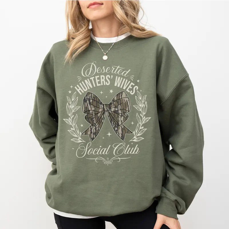 Deserted Hunters Wives Social Club Sweatshirt, Camo Hunting Coquette Bow Crewneck for Wife, Camouflage Bow Sweater,...