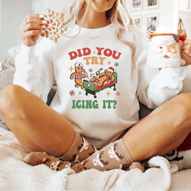 Did You Try Icing It Shirt, School Nurse Christmas Sweater, Funny Cookies Xmas, Emergency Christmas Shirt, PICU ICU Nurse...