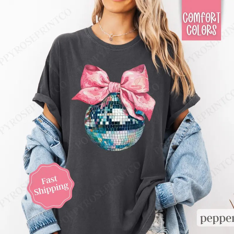 Disco Ball Bow Shirt Comfort Colors, New Year's 2025  Women's Tee, NYE Women's Tshirt Hoodie, Sweatshirt | PureTeeCo.com