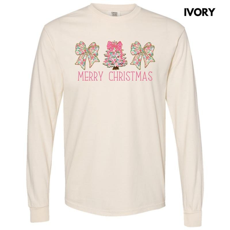 Ditsy Pink Trio Christmas Long Sleeve Comfort Colors T-Shirt 'NLB' Hoodie, Sweatshirt | PureTeeCo.com