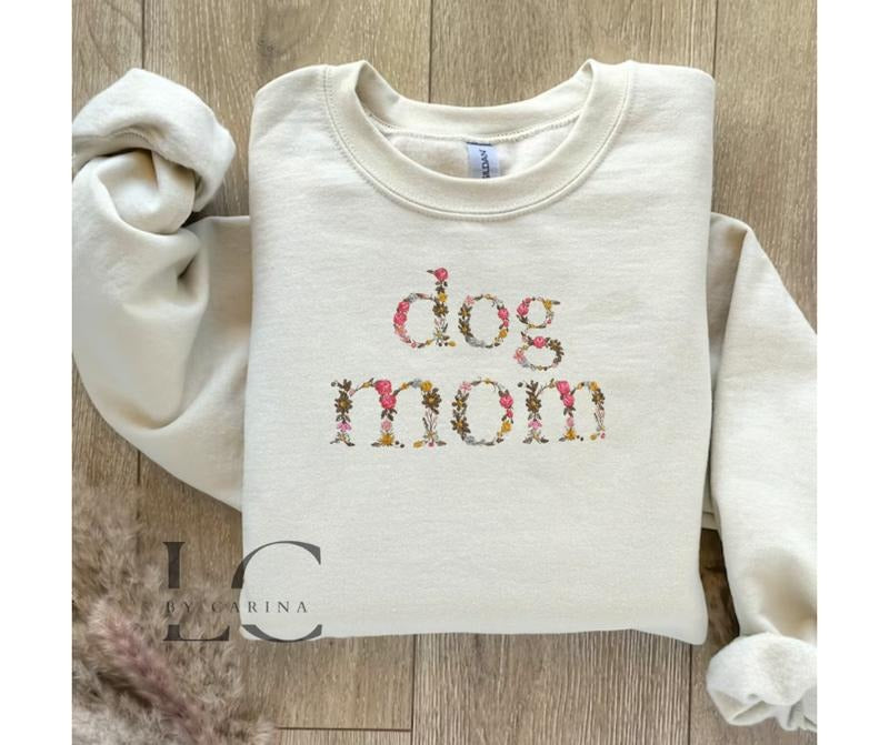 Dog Mom Floral Print Embroidered Sweatshirt - Cozy Pet Lover Apparel - Custom Dog Mom Jumper T-Shirts, Hoodie | PureTeeCo.com