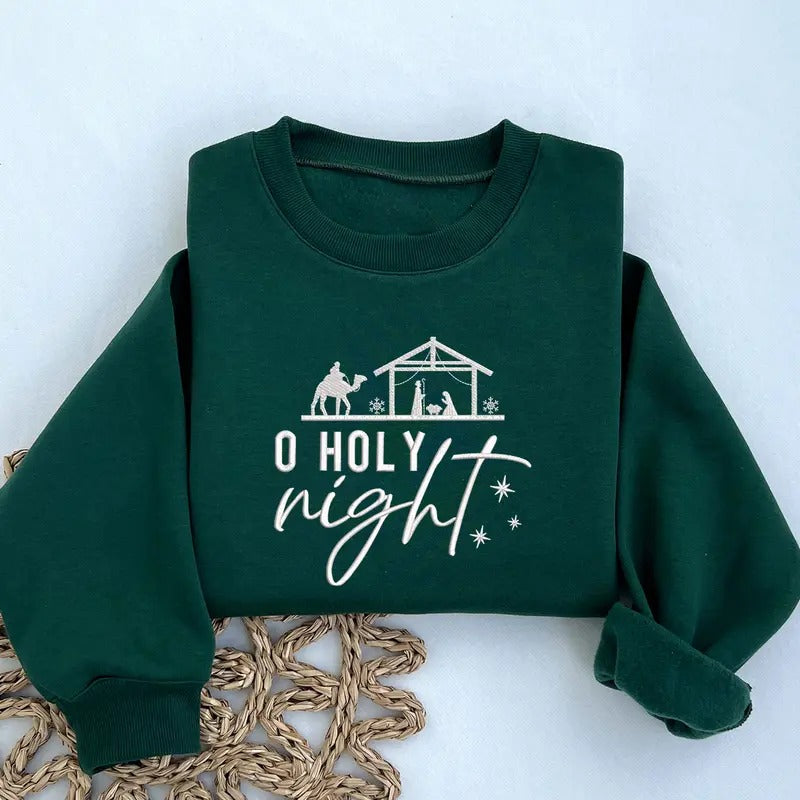EMBROIDERED O Holy Night Sweatshirt | Christian Crewneck | Religious Christmas Gift | Embroidered Crewneck T-Shirts, Hoodie