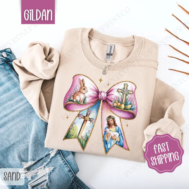 Easter Bow 2 Sweatshirt, Coquette Easter Crewneck, Trendy Religious Women's Sweater, Gift for Her T-Shirts, Hoodie