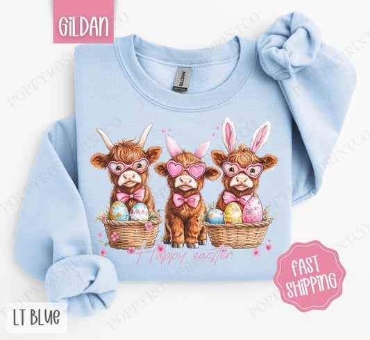 Easter Highland Cow Sweatshirt, Cute Easter Crewneck, Trendy Cow Women's Sweater, Gift for Her