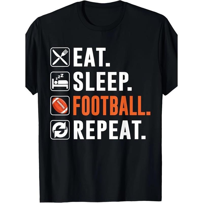 Eat Sleep Football Repeat Graphic T-Shirt, 100% Cotton, Casual Crew Neck, Short Sleeve, Regular Fit, with Slight Stretch,...
