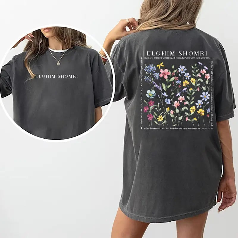 Elohim Shomri Shirt, Floral Christian Bible Verse Graphic Tee Women, Psalm 121 Printed T-shirt, God Is My Protector...
