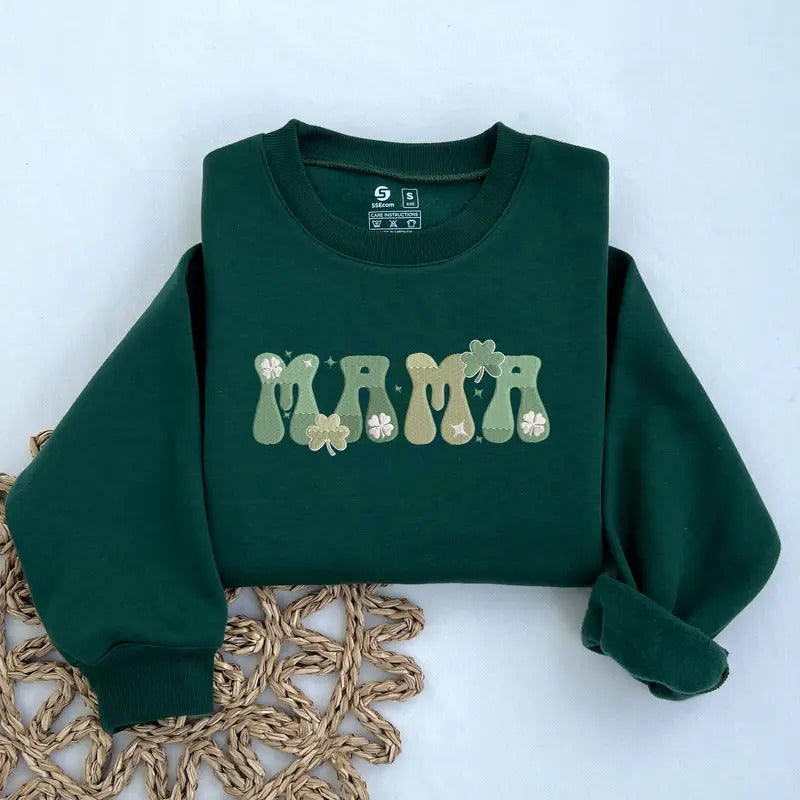 Embroidered St Patrick's Day Mama Sweatshirt, Mama Shamrock Sweatshirt, St Patrick's Day Mom Sweater, Gifts for Mom