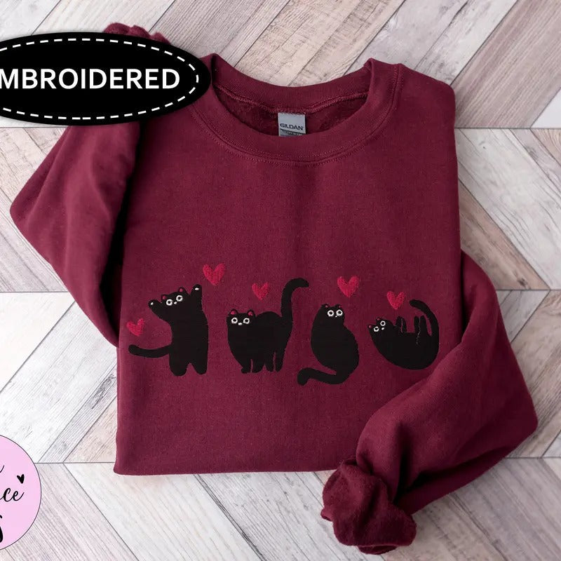 Embroidered Valentines Cats Sweatshirt, Funny Valentines Day Sweatshirt, Valentines Crewneck T-Shirts, Hoodie | PureTeeCo.com