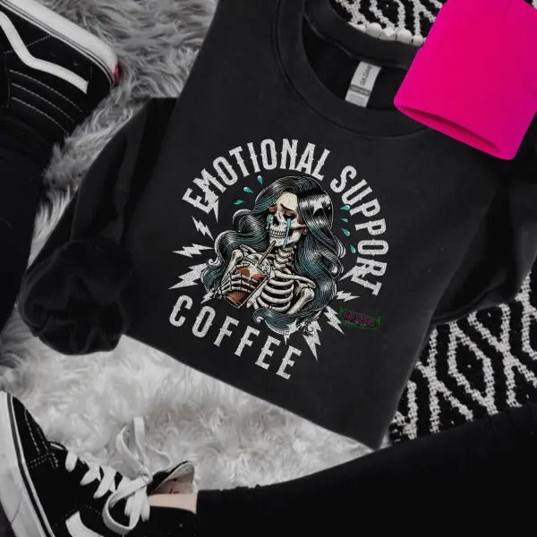 Emotional Support Coffee Skeleton Black Crewneck Sweatshirt for Women Casual Graphic Skull Grunge Goth Comfortable Cotton...