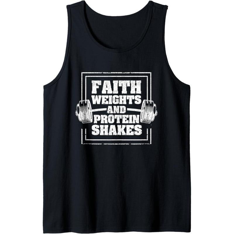Faith Weights And Protein Shakes Funny Gym Workout Christian Unisex 3X-Large Black Sleeveless V-Neck Tank Top Made in USA...