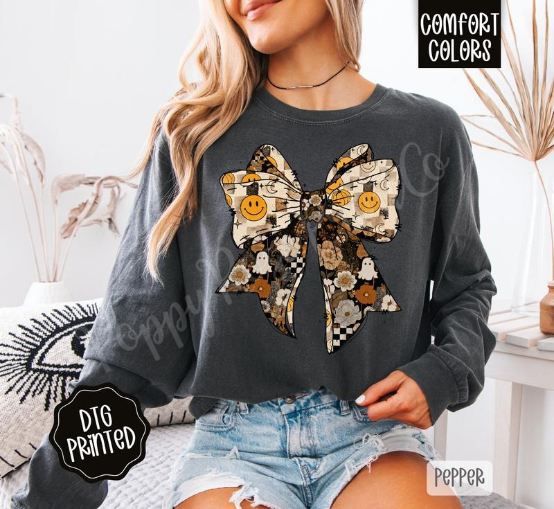 Fall Collage Bow Long Sleeve TShirt, Trendy Women's Autumn Tee Hoodie, Sweatshirt | PureTeeCo.com