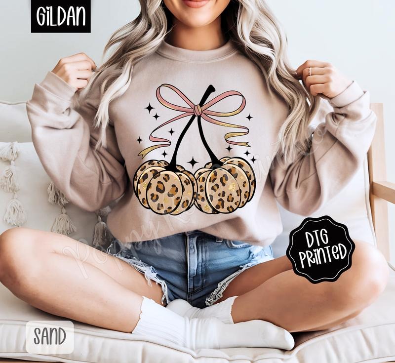 Fall Leopard Cherries Sweatshirt, Trendy Autumn Bow Crewneck T-Shirts, Hoodie | PureTeeCo.com