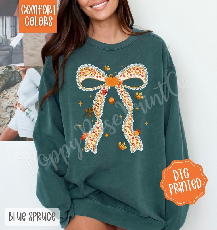 Fall Pumpkin Bow Comfort Colors Sweatshirt, Trendy Coquette Autumn Crewneck T-Shirts, Hoodie | PureTeeCo.com
