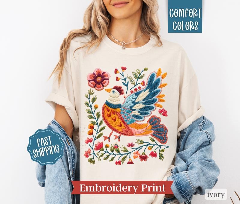 Faux Embroidery Cottagecore Bird Shirt Comfort Colors,  Embroidery Printed Bird Tshirt, Boho Floral Tee Hoodie, Sweatshirt