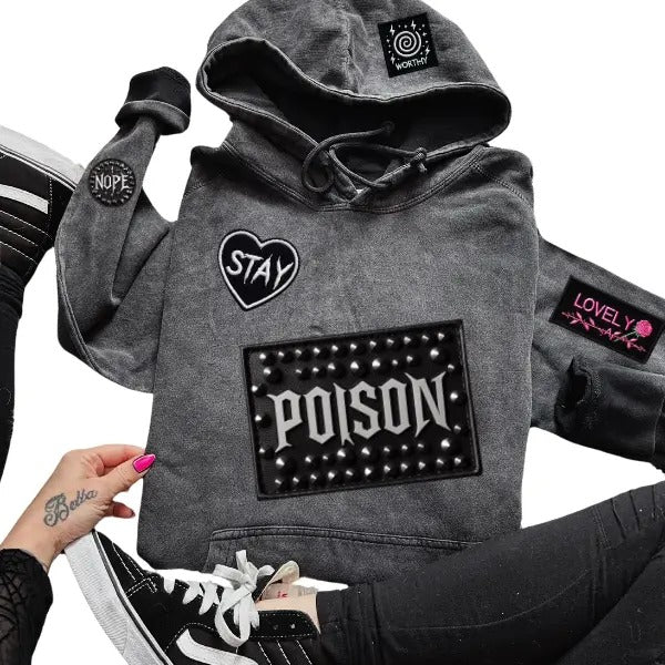 Faux Patch "Poison, Stay, Worthy, Lovely, Nope" Goth-Inspired Hoodie | Menswear & Womenswear | Mental Health Pullover |...