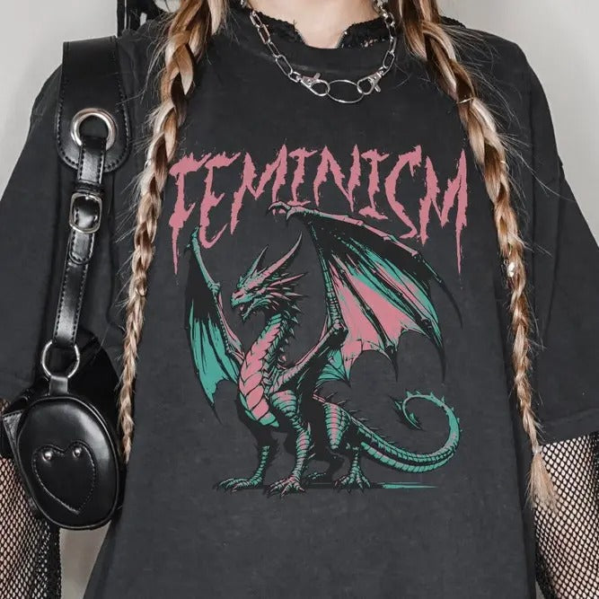 Feminism Dragon Fantasy T Shirt, Death Metal Feminist T-Shirt, Feminist Retro Graphic Tee, Women Empowerment Vintage...