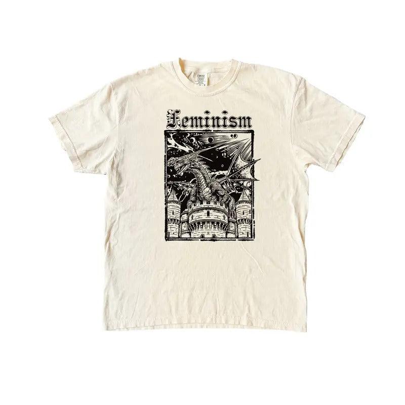 Feminism Dragon T Shirt - Vintage Graphic Tee - Dragon Castle Tshirt - Funny Activism Retro Shirt