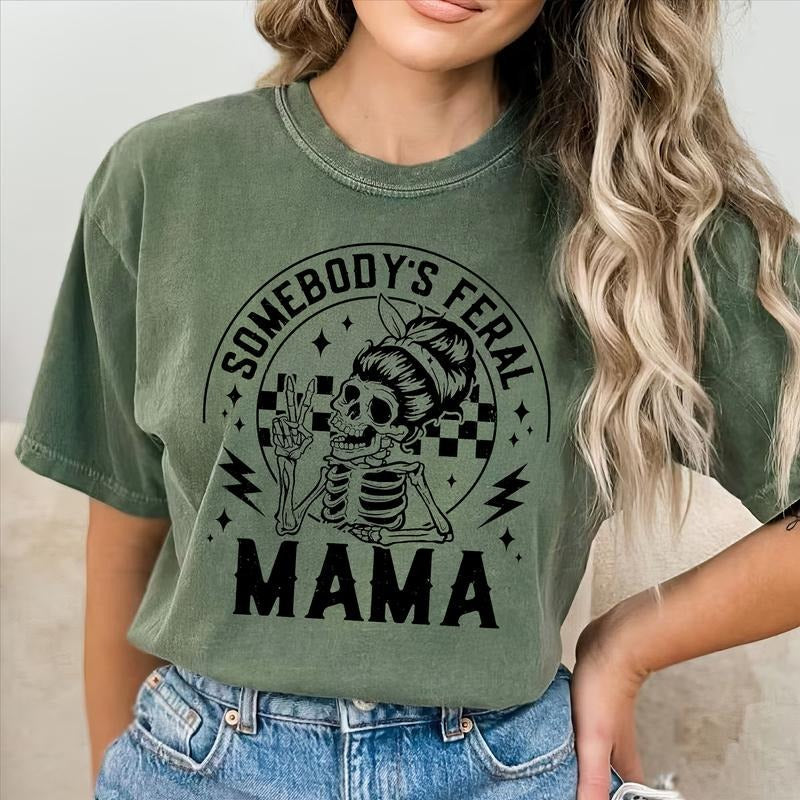 Feral Mama Tees, Vintage Skeleton Mama Graphic Tee Women, Funny Mama Unhinged Shirts, Viral Mom T-shirts For Women,...