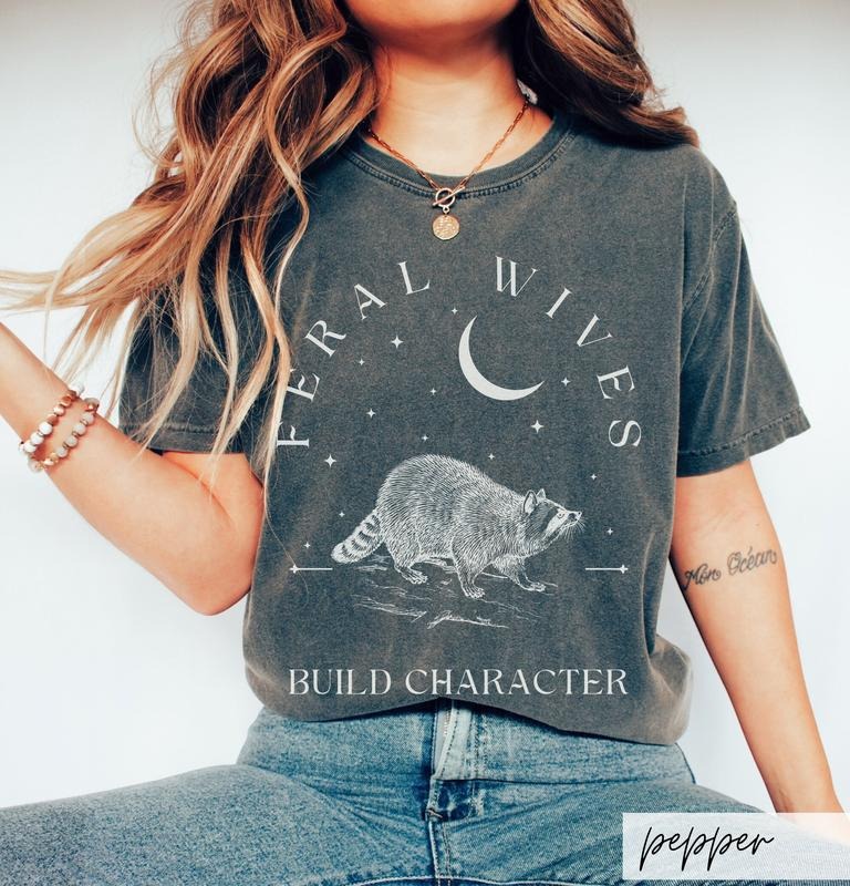 Feral Wives Build Character Shirt, Raccoon Lover New Wife Shirt, Vintage Raccoon Art Crescent Moon Tee, Whimsigoth Bride...