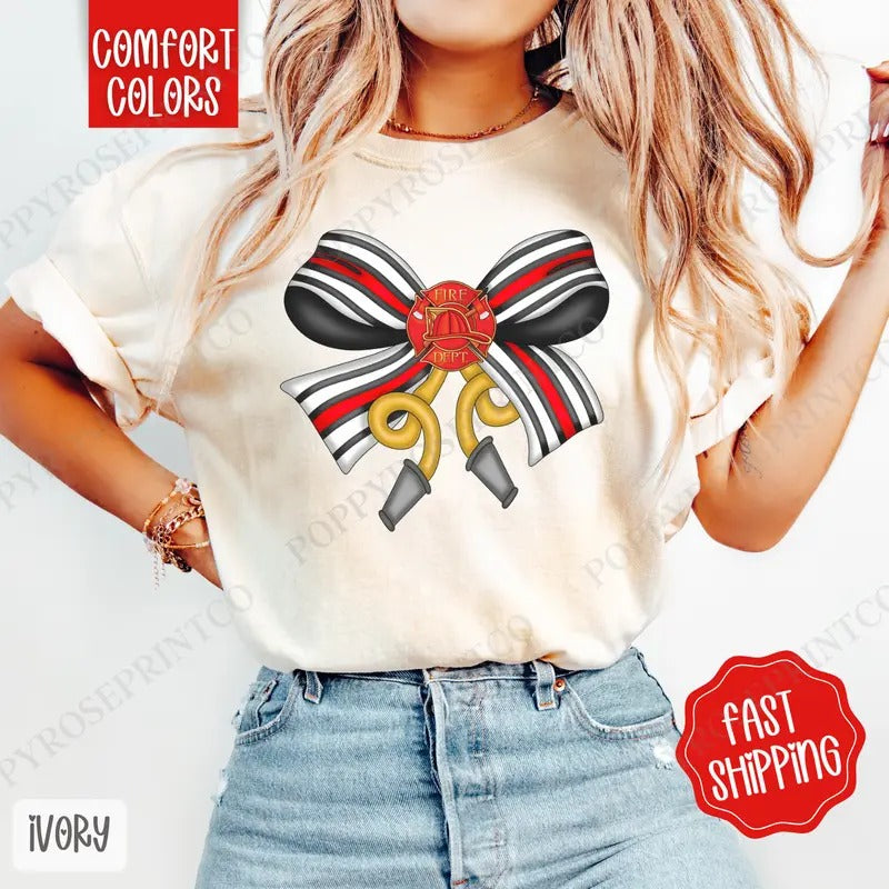 Firefighter Coquette Bow Shirt Comfort Colors, Cute Women's Shirt, Trendy Bow Tee Hoodie, Sweatshirt | PureTeeCo.com