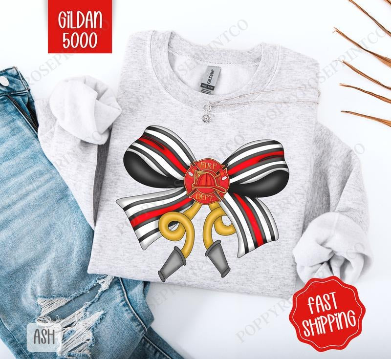 Firefighter Coquette Bow Sweatshirt, Bow Crewneck, Cute Women's Sweater T-Shirts, Hoodie | PureTeeCo.com