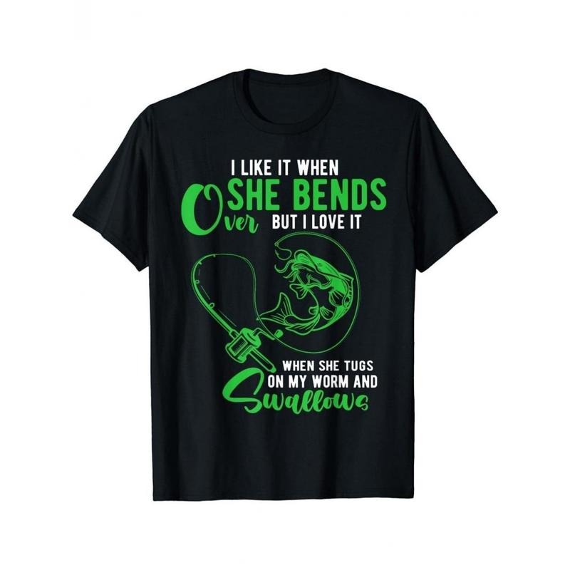 Fishing rod SHE BENDS print, men's comfortable regular cotton T-shirt, high-end quality DIY clothing, suitable for all...