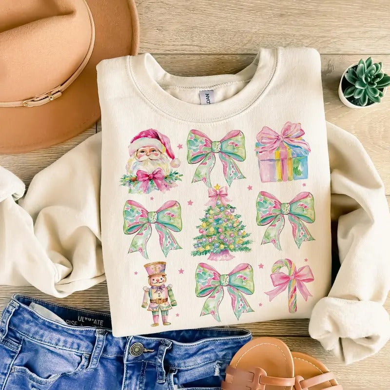 Floral Christmas Nutcracker Shirt, Pink & Green Coquette Bow Sweatshirt, Girly Christmas, Merry Christmas, Preppy Pink...