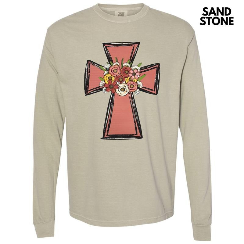 Floral Cross Long Sleeve Comfort Colors T-Shirt Hoodie, Sweatshirt | PureTeeCo.com