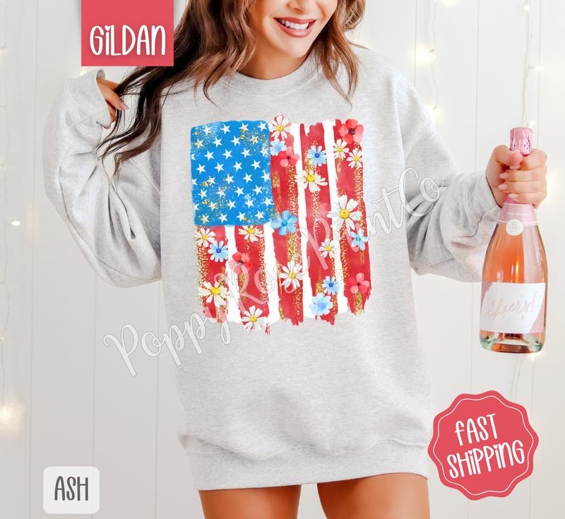 Floral Flag Sweatshirt, Cute Patriotic Sweater, Women's Crewneck, Gift for Her T-Shirts, Hoodie | PureTeeCo.com