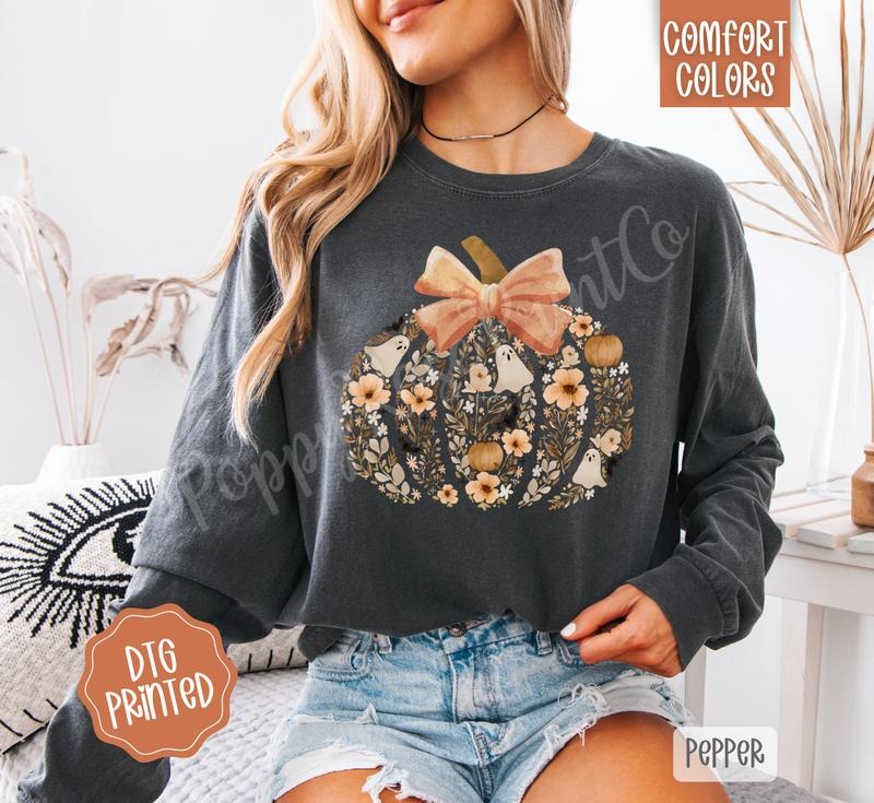 Floral Ghost Pumpkin Comfort Colors Long Sleeve T-Shirt, Cute Women's Fall Tee Hoodie, Sweatshirt | PureTeeCo.com