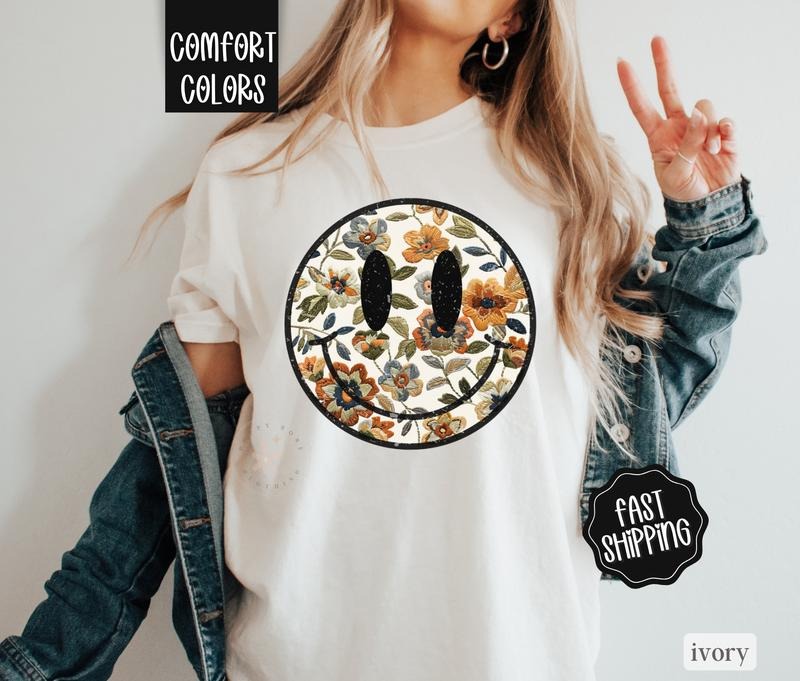 Floral Happy Face Shirt Comfort Colors, Boho Floral Tshirt, Fall Floral Teestyle{n002}2 Hoodie, Sweatshirt | PureTeeCo.com