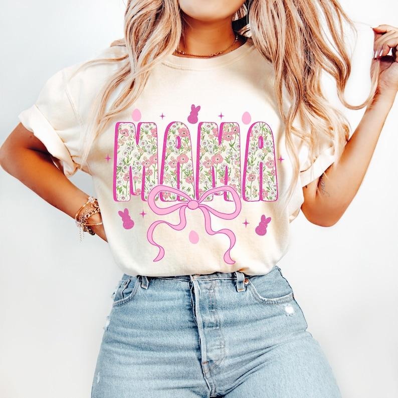 Floral Mama Easter Coquette, Happy Easter, Pink Floral Chinoiserie, Toile Rabbit, Mama Varsity Tshirt Hoodie, Sweatshirt
