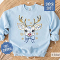 Floral Reindeer Christmas Sweatshirt, Blue Floral Christmas Crewneck,  Womens Holiday Sweater T-Shirts, Hoodie