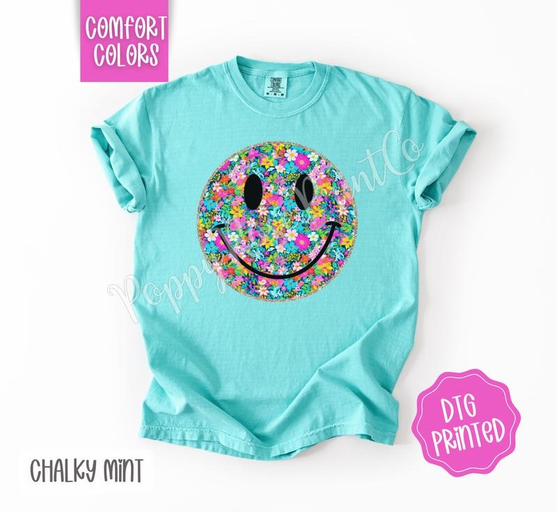 Floral Smiley Comfort Colors Shirt, Cute Summer Tshirt, Trendy Flower Tee, Gift for Her Hoodie, Sweatshirt | PureTeeCo.com