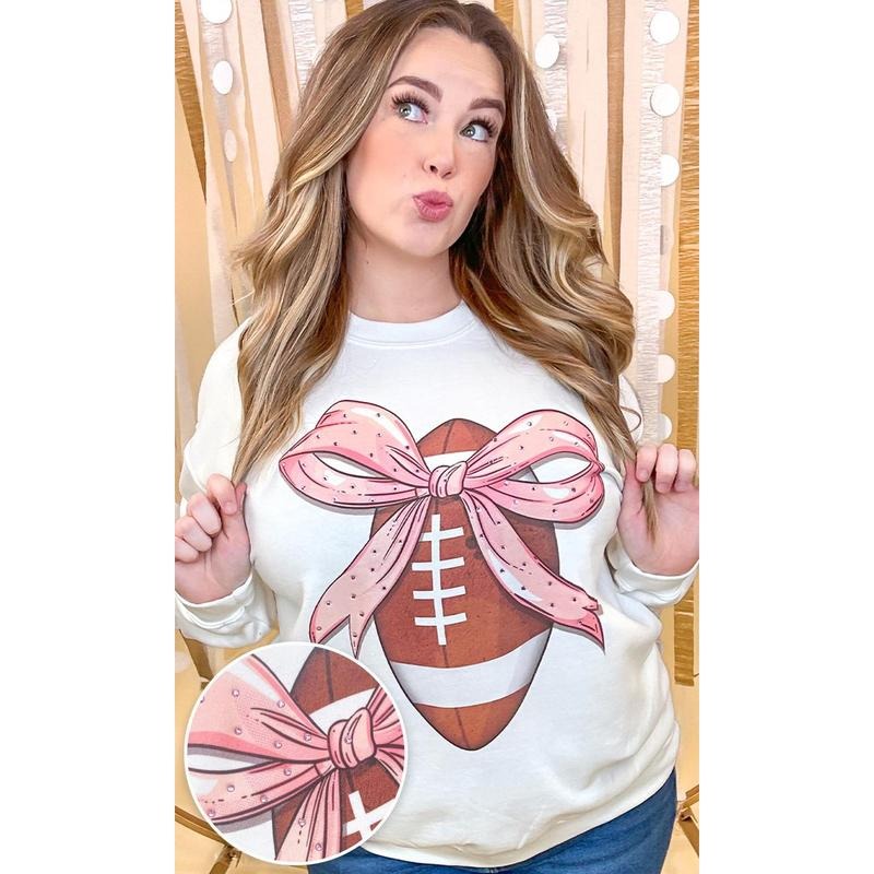 Football Pink Bow Rhinestone Graphic Sweatshirt T-Shirts, Hoodie | PureTeeCo.com