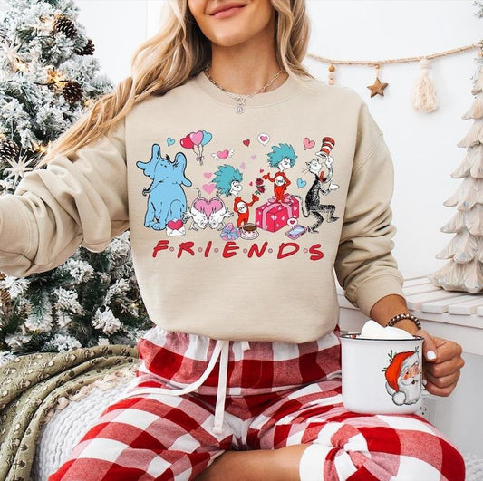 Friends Dr Seus.s Valentine Sweatshirt , ,Teacher Valentine, Cat In The Hat,Valentine Book Lover