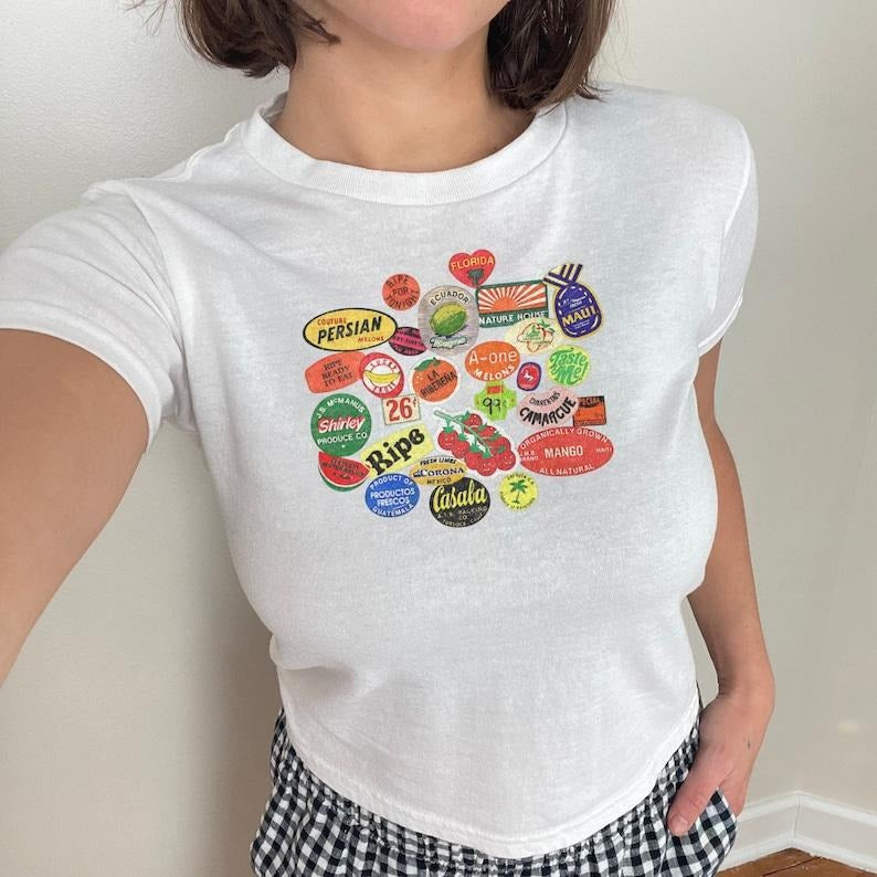 Fruit Sticker Baby Tee, Cute Baby Tee, Women Tee, Womens Graphic 90S Baby Tee 2000S Graphic Fitted Tshirt