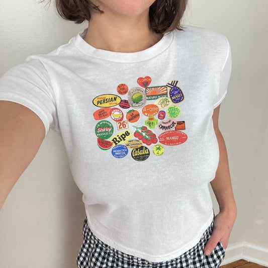 Fruit Sticker Baby Tee, Cute Baby Tee, Women Tee, Womens Graphic 90S Baby Tee 2000S Graphic Fitted Tshirt